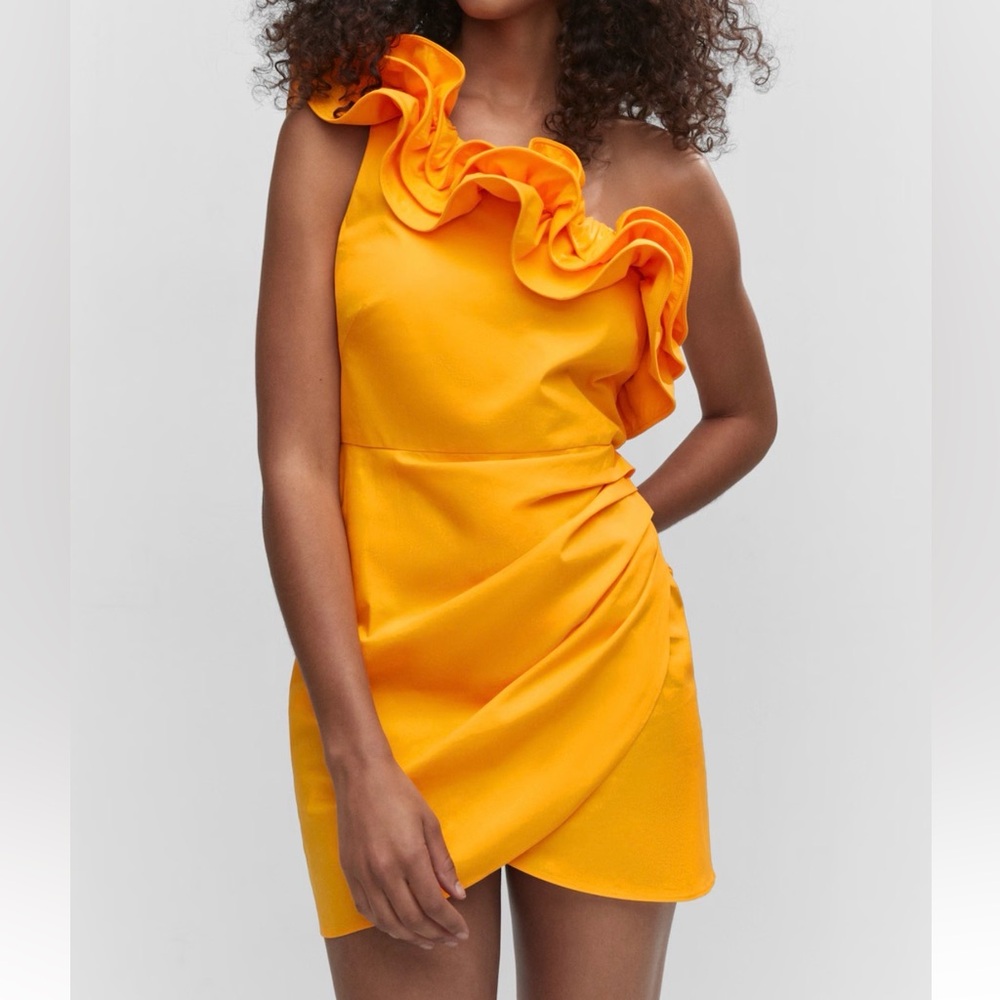 Mango One-Shoulder Ruffle Mini Dress in Orange - Picture 2 of 7